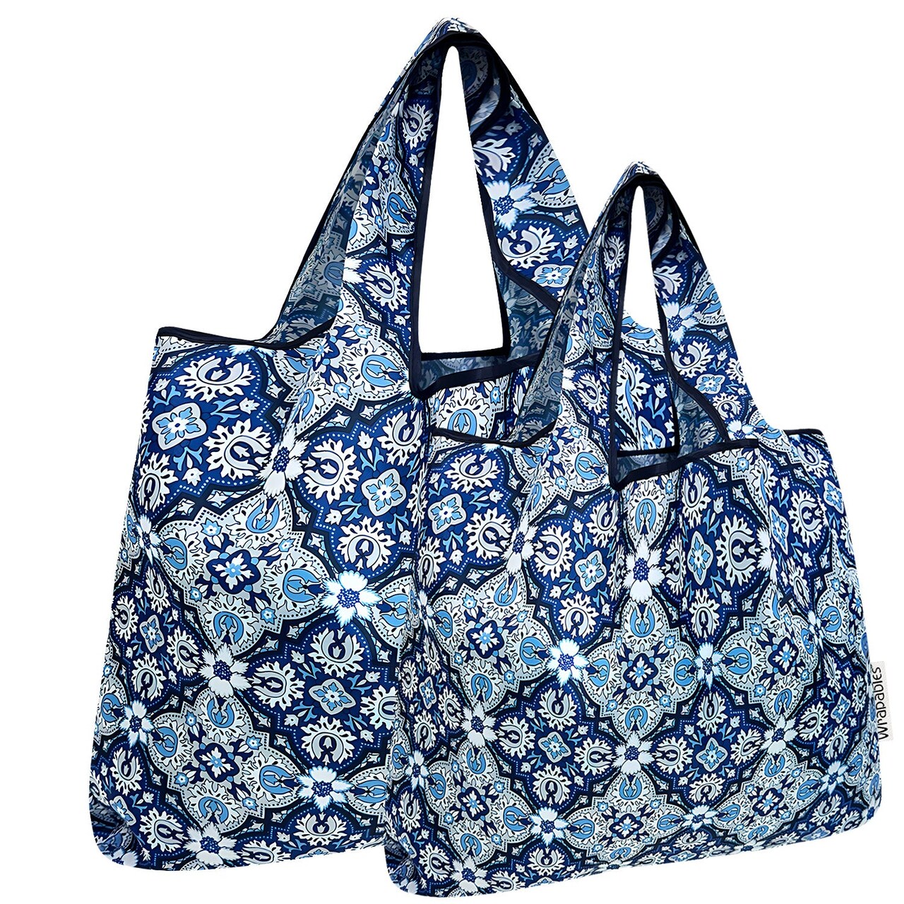 Wrapables Large & Small Foldable Tote Nylon Reusable Grocery Bags, Set of 2, Floral Mosaic